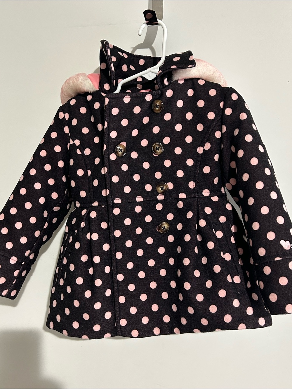 OshKosh Brown and Pink Pea Coat Winter Jacket Girls Toddler 4T polka dot w/ hood